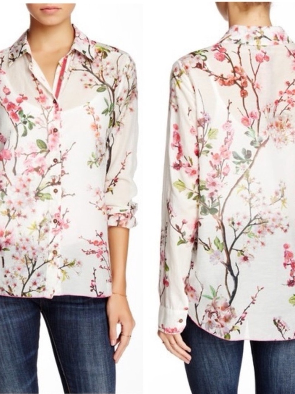 JOHNNY WAS 3J WORKSHOP Floral Button-Down Blouse Pink/White Cherry Blossom Med